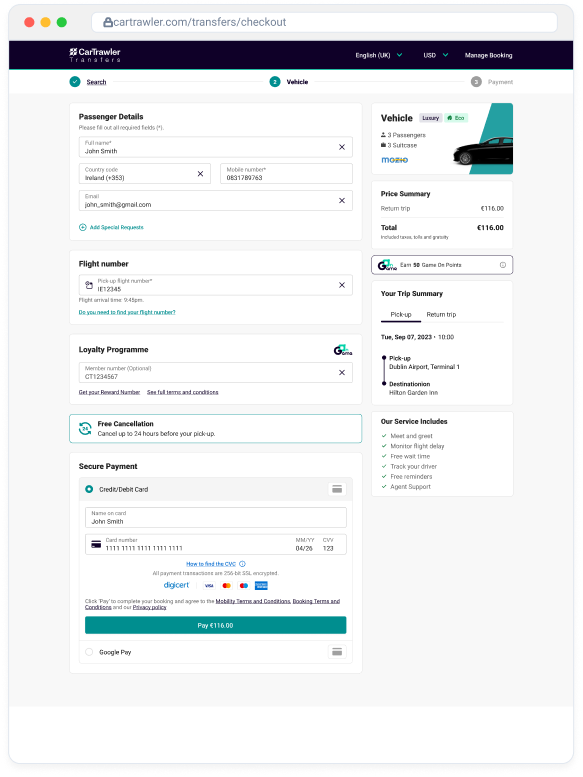Passenger details, flight number and secure payment