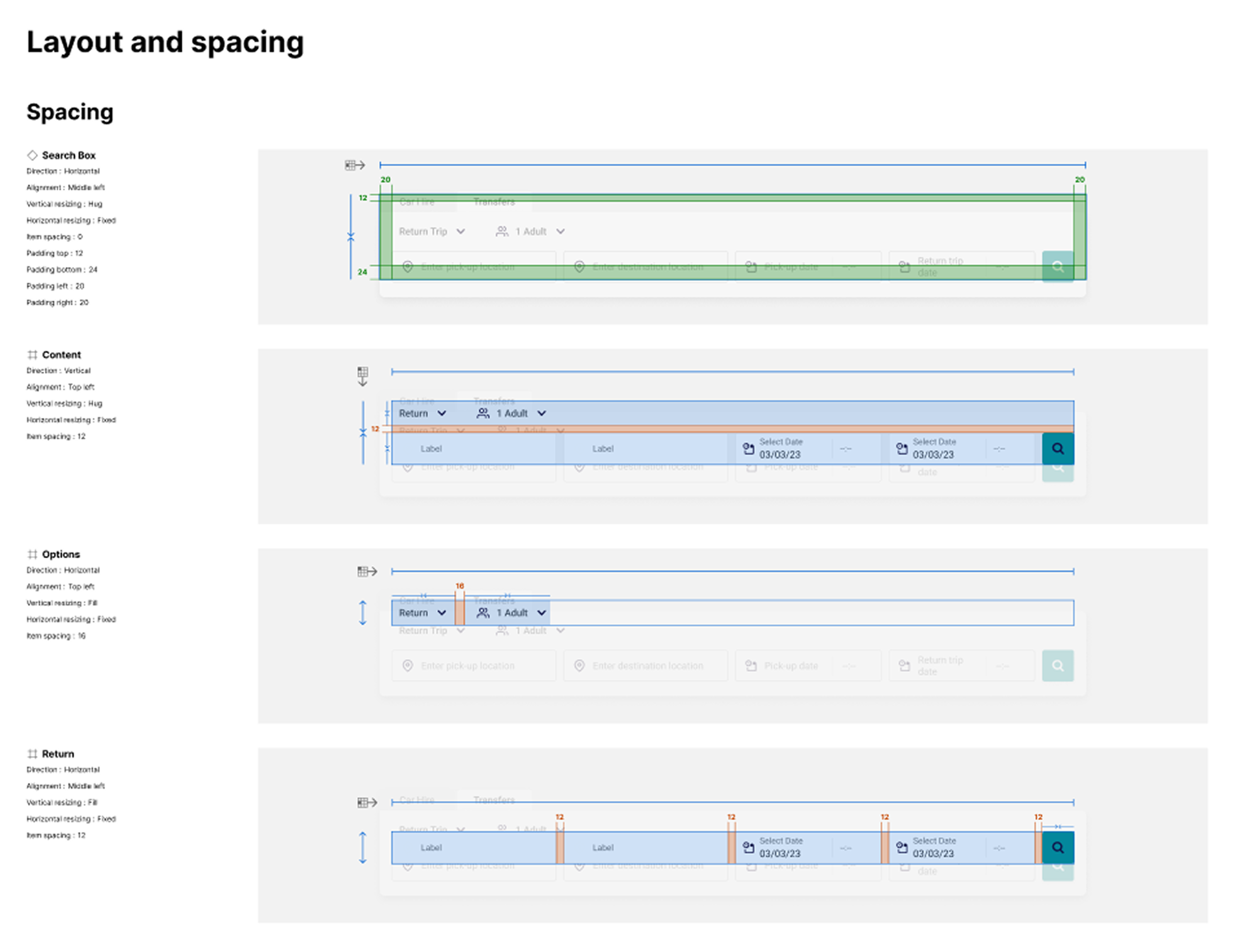 Search box layout and responsive spacing specifications