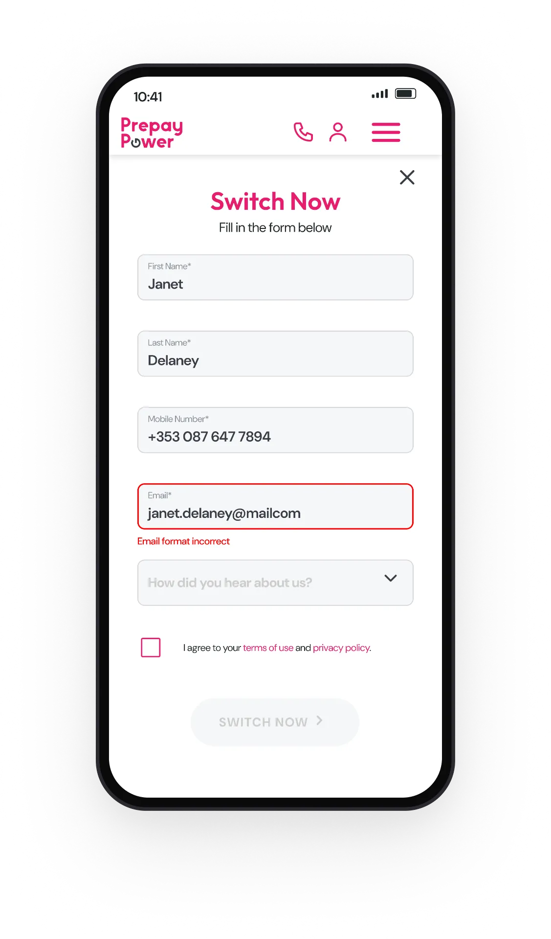 Switch Now form with email format error
