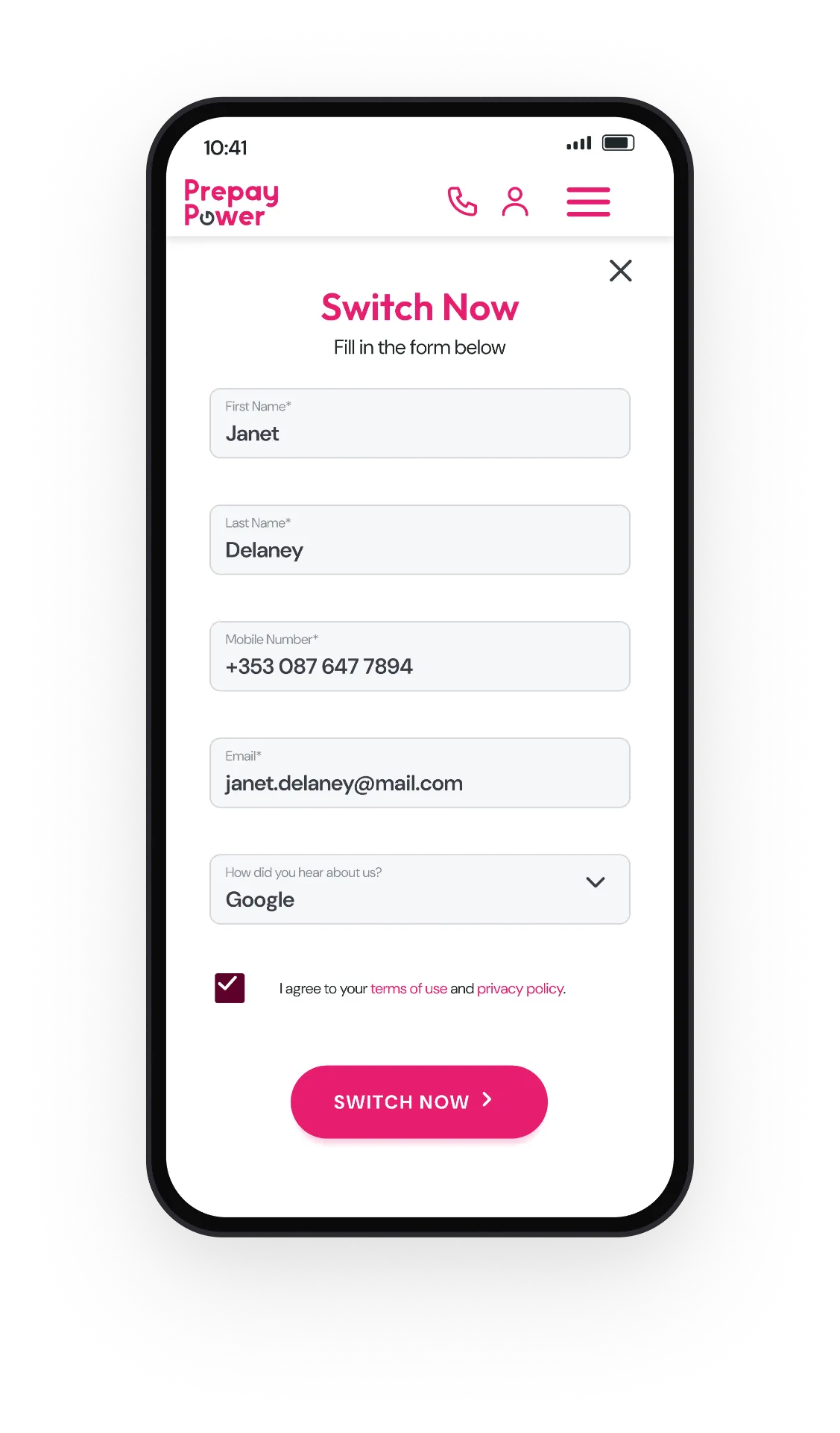 Switch Now form, complete and ready to submit