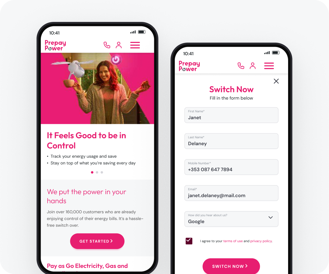 PrepayPower mobile homepage and completed Switch Now form