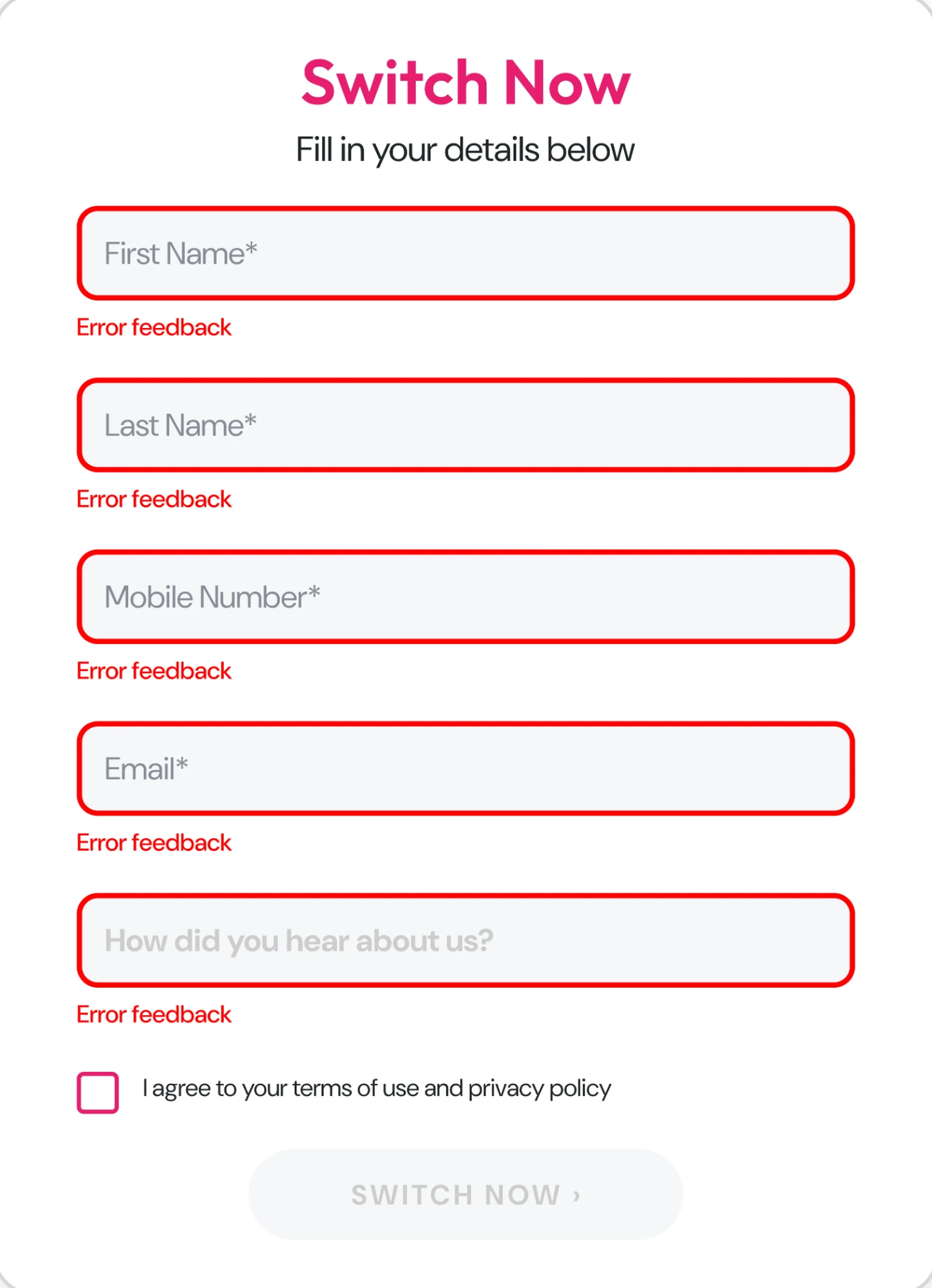 Switch Now form with every field in error