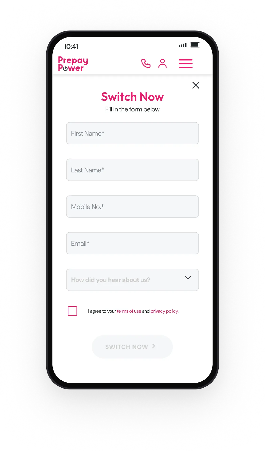 Switch Now form, empty