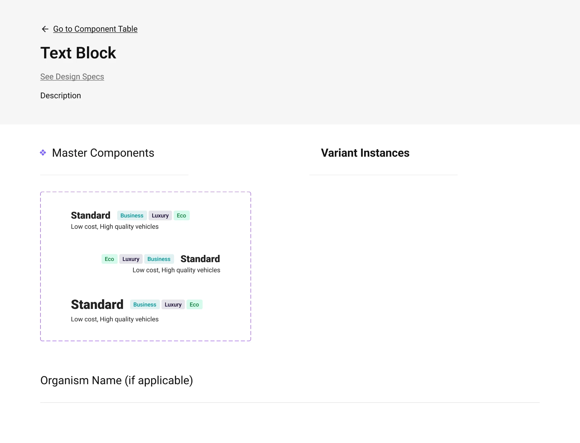 Text block component — vehicle category name with badge arrangements