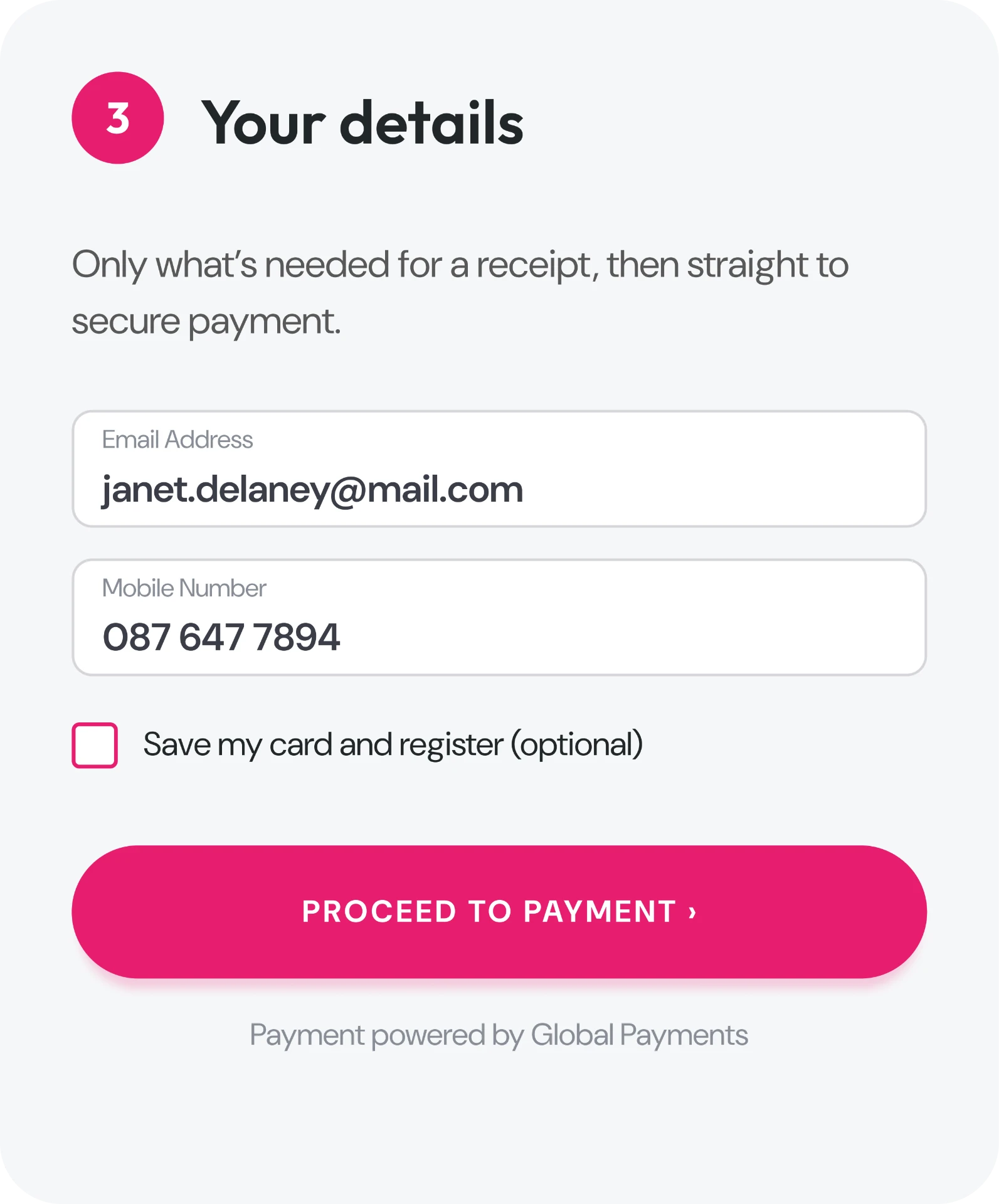 Step 3: Your details — email, mobile, then pay