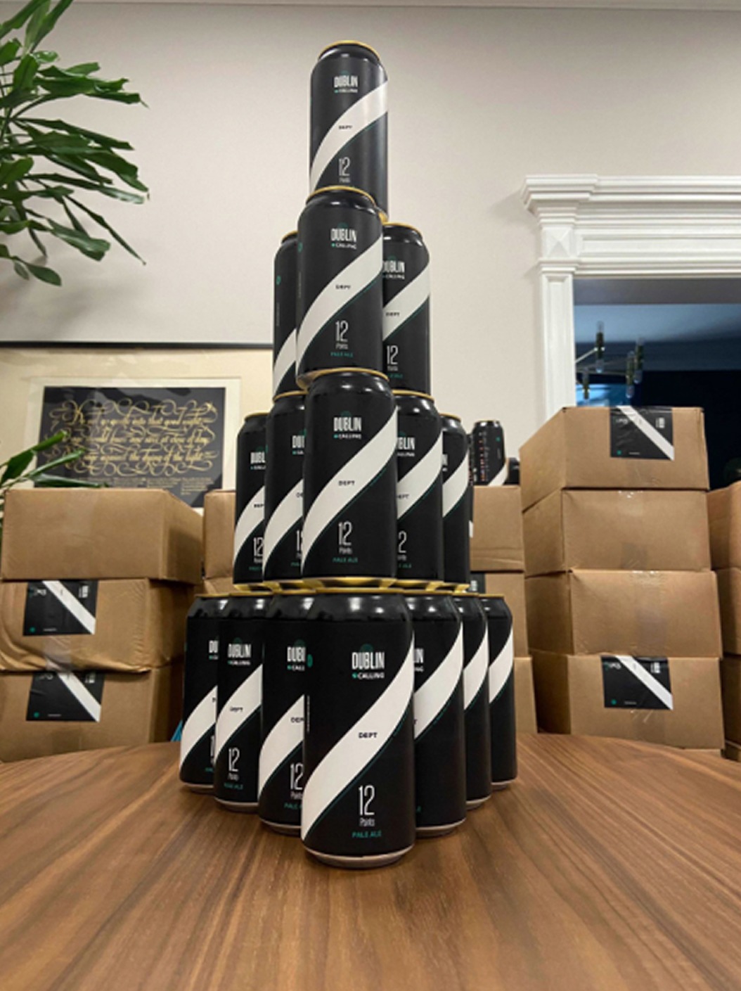 Dublin Calling cans stacked in the DEPT office
