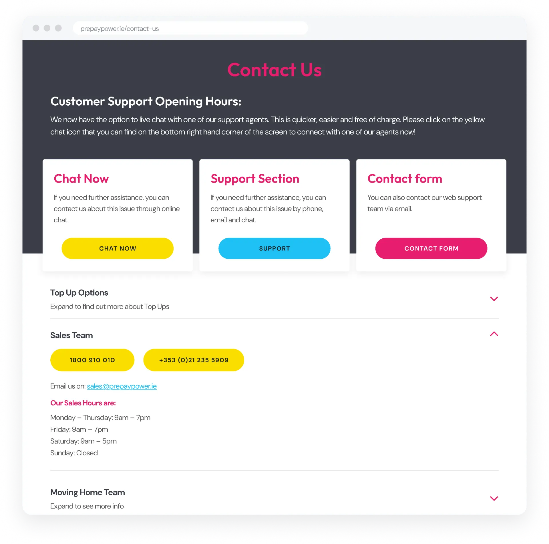 Proposed Contact Us page — one page, every route to help