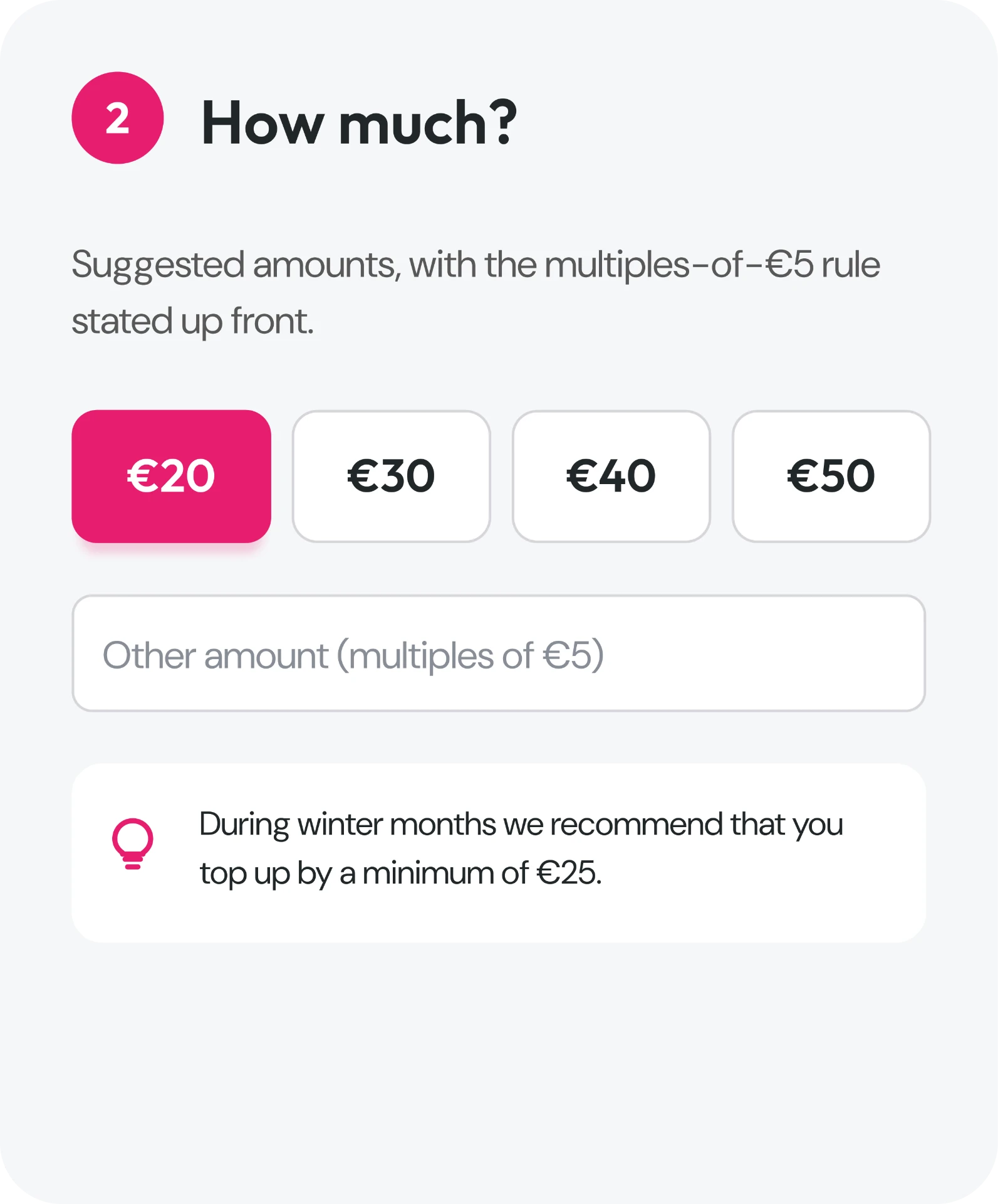 Step 2: How much? — preset amounts, with the winter minimum noted