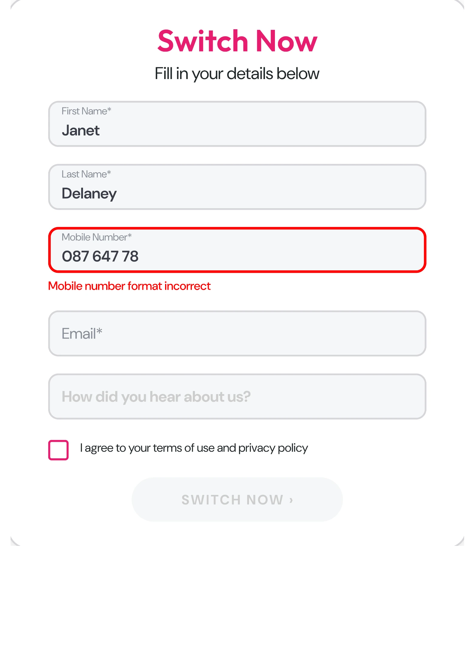 Switch Now form with mobile number format error