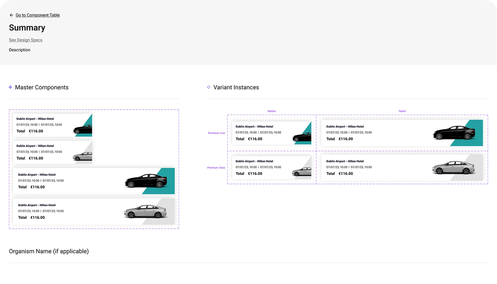 Booking summary component — premium and standard variants