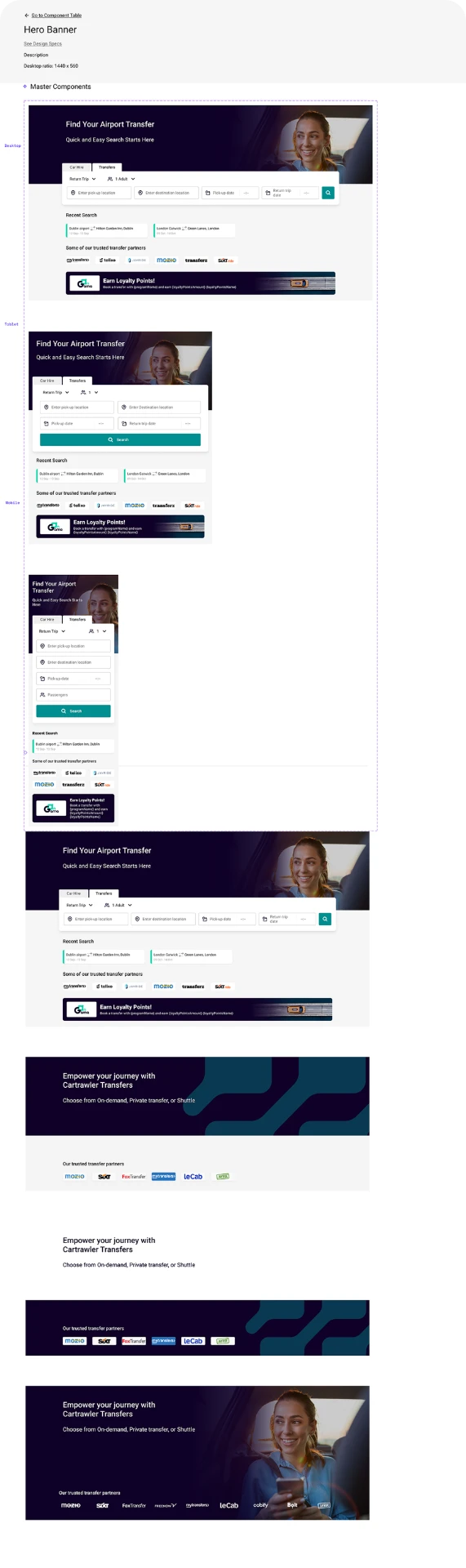 Hero banner component across desktop, tablet and mobile