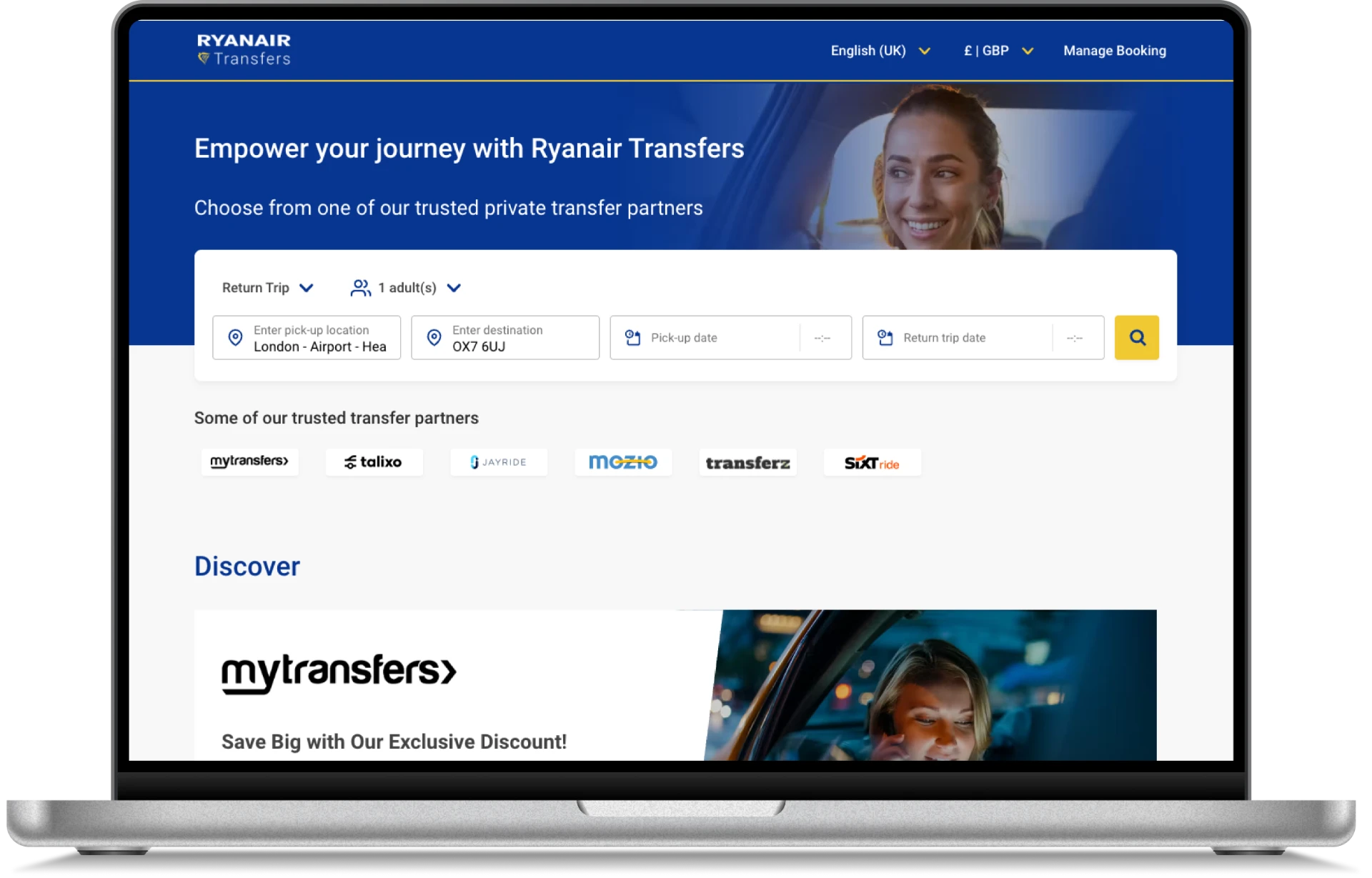 Ryanair Transfers branded landing page on a laptop