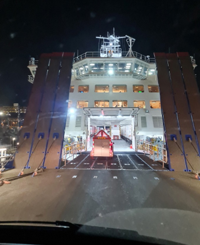 Boarding the ferry at night in Dover