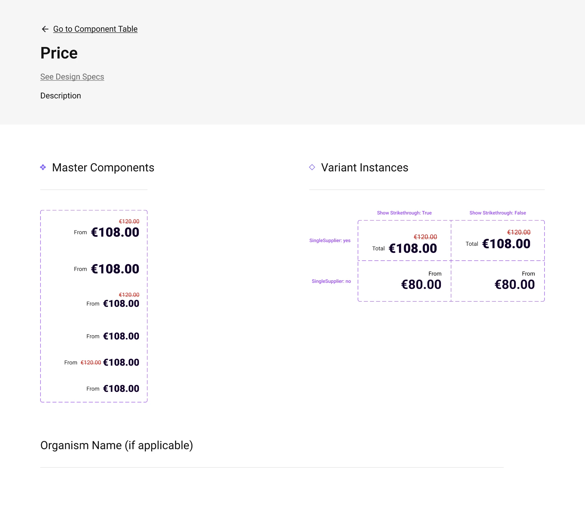 Price component — master components and single-supplier variant instances