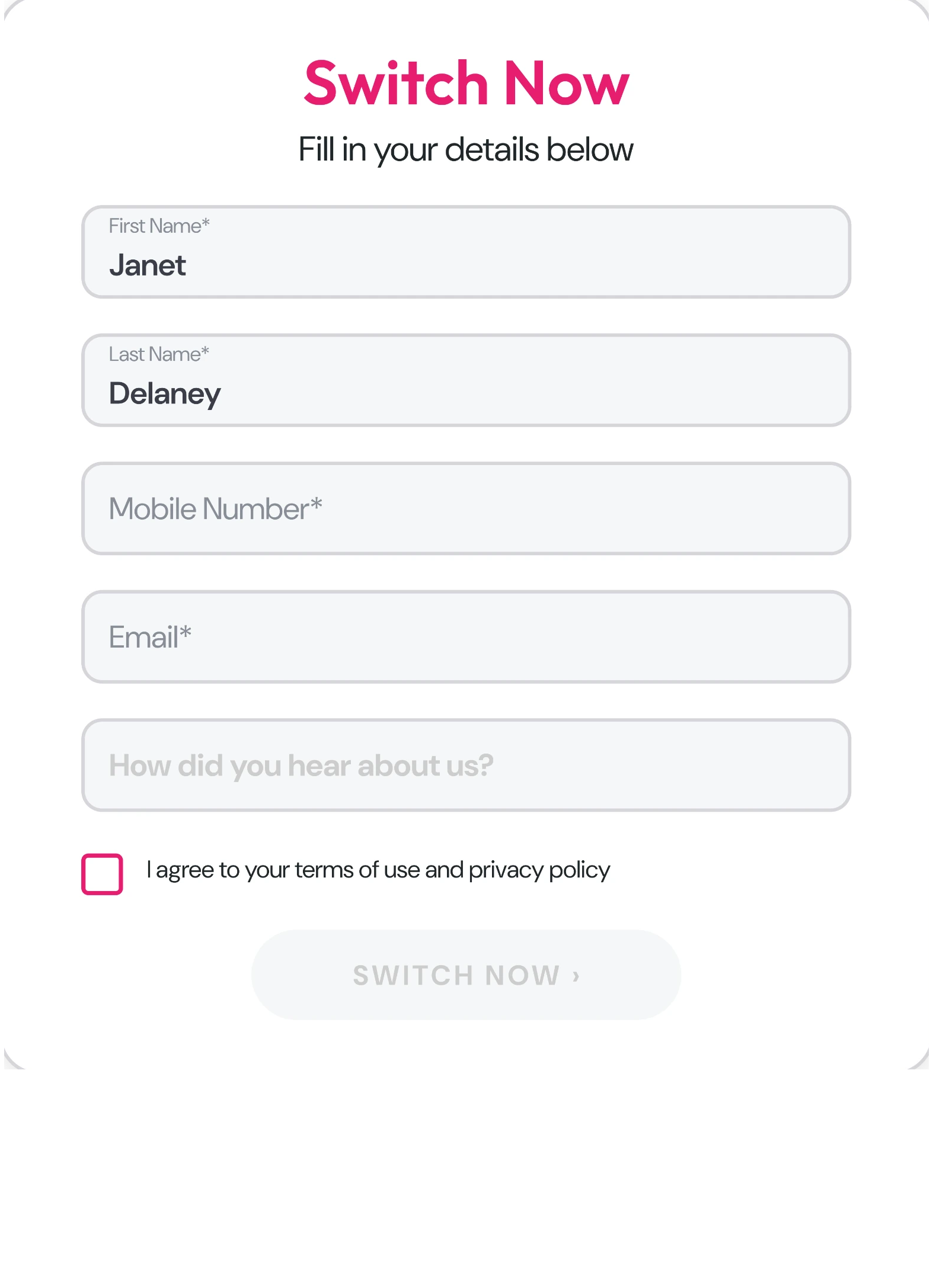 Switch Now form part filled