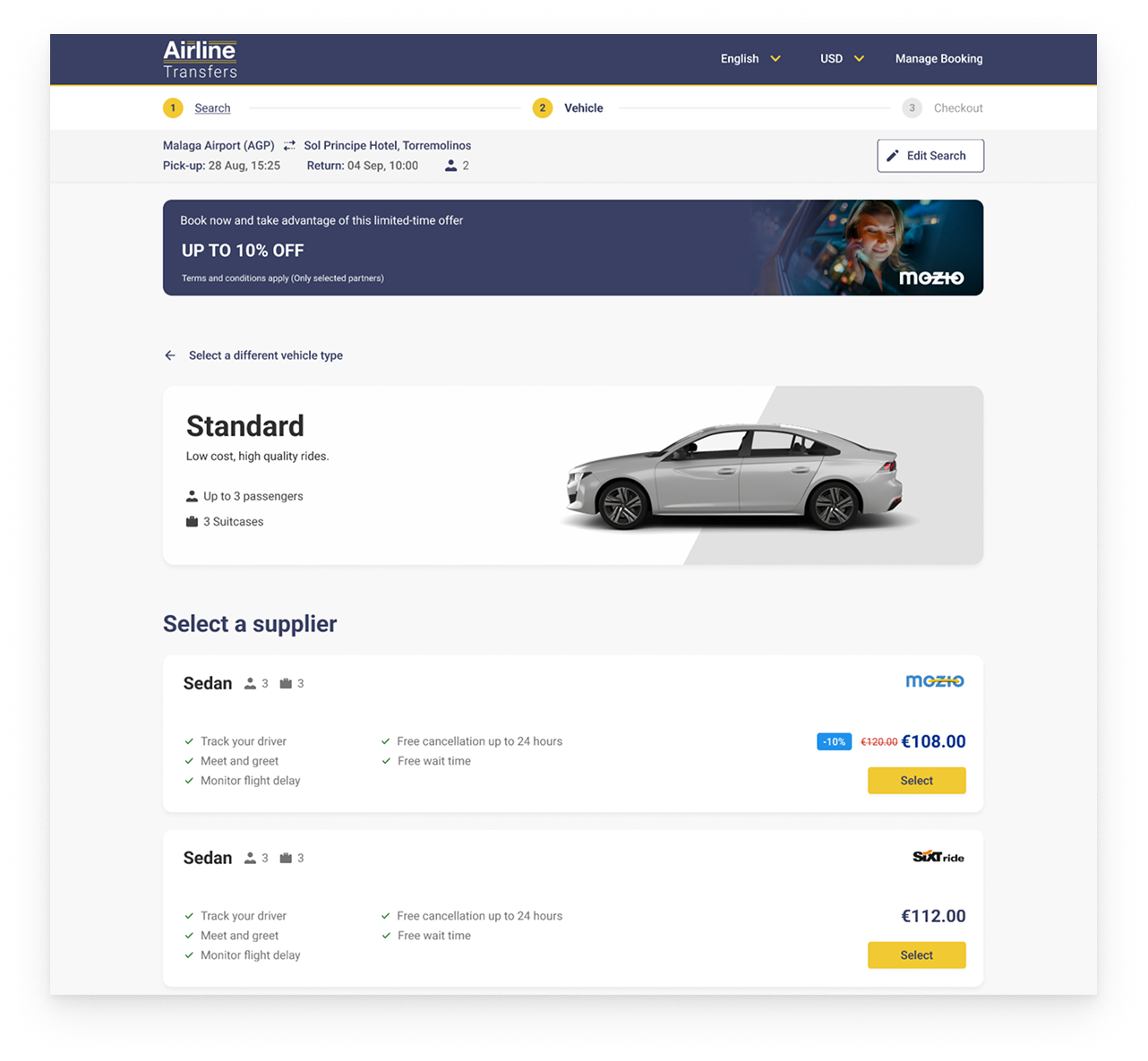 Choosing a supplier for the selected vehicle