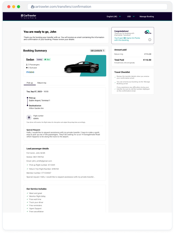 Booking confirmation with summary and travel checklist