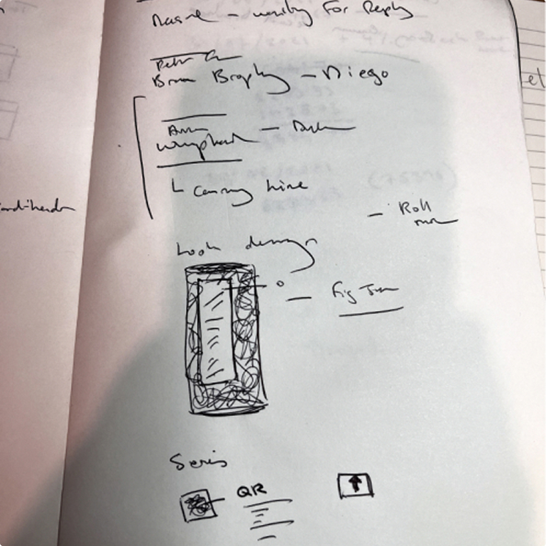 Notebook page: canning line notes and an early can layout